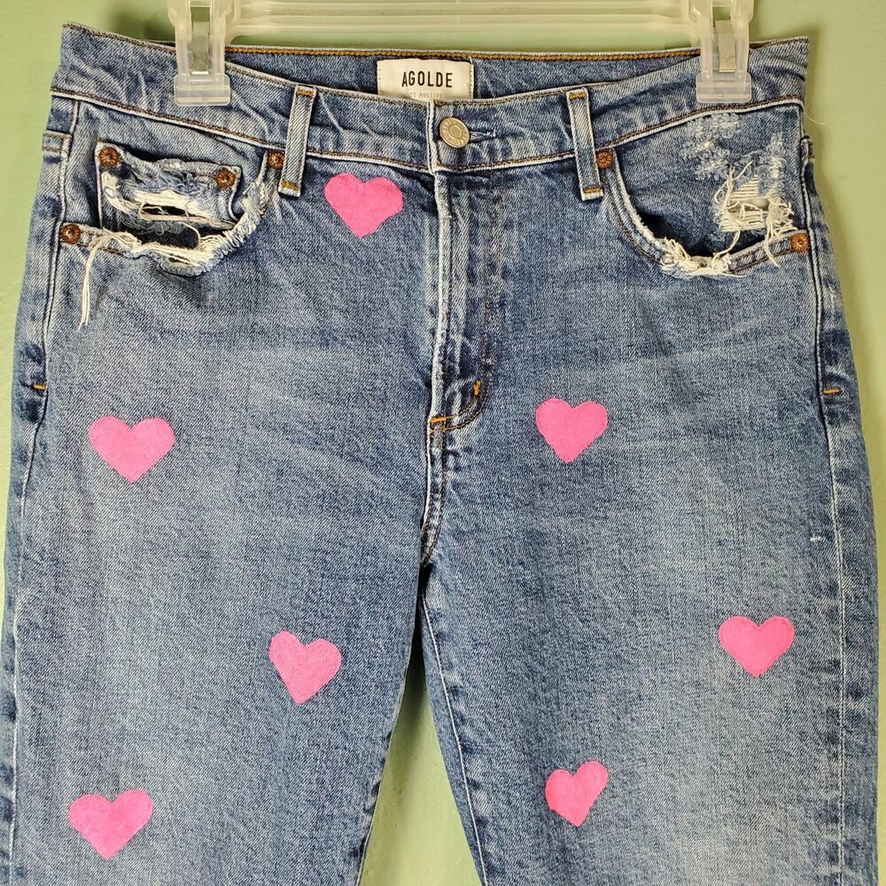 AGOLDE Women's Pink Heart Distressed Denim Jeans Size 29 - Picture 5 of 7